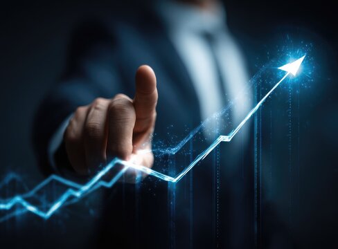 Man in suit touches a glowing, upward-trending arrow. Indicates growth, progress, or positive direction with bright, shining digital elements