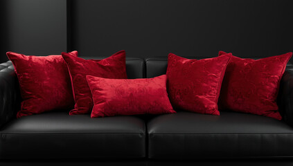 Modern Interior Design: Contrast Colors and Plush Comfort with Red Pillows on Black Background Sofa in Elegant Living Room