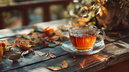 A clear glass teacup on a saucer with autumn leaves scattered on a wooden surface outdoors