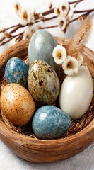 A wooden bowl holds speckled eggs in varied hues, nestled among dried grasses and pussy willows, on a grey, textured surface