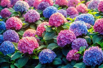 Vibrant garden filled with blooming pink and blue hydrangea flowers basking in warm sunlight with lush green leaves