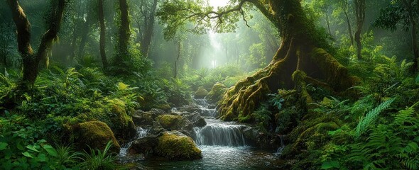 Lush green forest with sunlight filtering through dense trees over moss-covered rocks and a small cascading stream