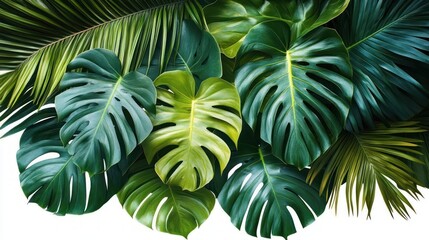 Close-up of vibrant green tropical leaves with distinct shapes and textures creating a lush and fresh natural composition