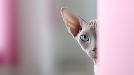Curious sphynx cat with striking blue eyes peeking from behind a wall indoors. 
