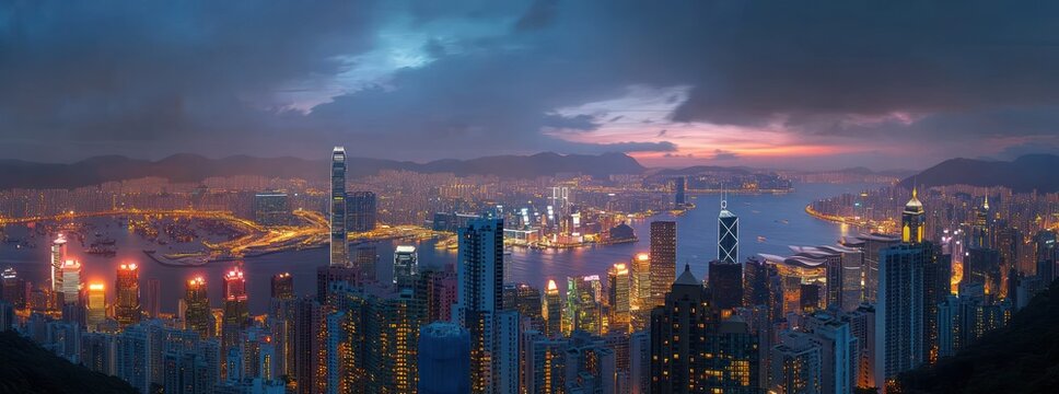 A vibrant city skyline at dusk with illuminated skyscrapers, a busy harbor, and a dramatic cloudy sky over water surrounded by high-rise buildings and distant mountains