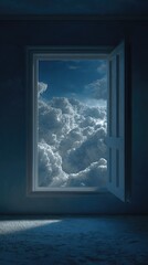 An open door reveals a breathtaking view of a daytime sky filled with fluffy cumulus clouds, contrasting sharply with the dimly lit interior of a room