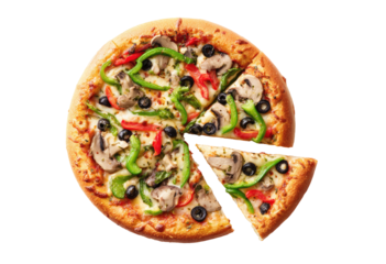 A round pizza with a generous topping of vegetables and a missing slice