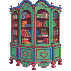 An intricately detailed, hand-drawn illustration of a vibrant, antique wooden bookcase filled with a multitude of colorful books on its many shelves.