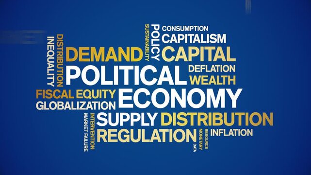 Political Economy animated word cloud-text design animation tag kinetic typography seamless loop.