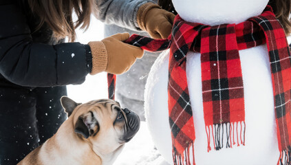 Woman dog and snowman winter outdoor red plaid scarf playful cozy cold weather friendship holiday cheerful snow fun pet seasonal bonding animal cute festive joy happiness together furry
