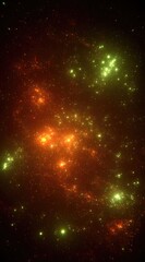 Naklejka premium An abstract, vertical nebula image with glowing, warm orange and green highlights and dark shadowy areas, creating a sense of depth and celestial beauty
