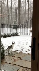 A gray and white cat stands on wet stone tiles, framed by a doorway, looking out at a snowy backyard with trees and a wrought-iron fence in the distance