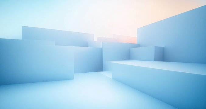 Minimalist abstract architectural scene with smooth blue geometric block shapes illuminated by soft light gradient - Powered by Adobe