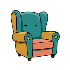 A colorful cartoon illustration of a comfortable wingback armchair with a tufted back, rolled arms, and a multicolored design, isolated on a transparent background.