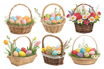 Easter gift baskets PNG set – photorealistic baskets with eggs and flowers, isolated PNG