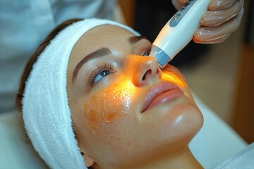 Close-up of a relaxed woman receiving a facial treatment with a handheld light therapy device emitting orange light on her cheek, while wearing a white headband