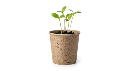 Young Green Seedling Growing in Small Biodegradable Pot on White Background