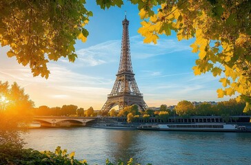 Eiffel Tower framed by autumn leaves with a bright blue sky and warm sunset over the river in a peaceful cityscape