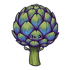 An enchanting illustration of a sentient artichoke character, featuring a sweet, shy face nestled among its colorful, layered bracts in a charming design.