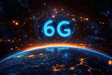 Glowing 6G text floating above illuminated Earth with network connections and bright light orbs in a space scene, symbolizing advanced global communication technology