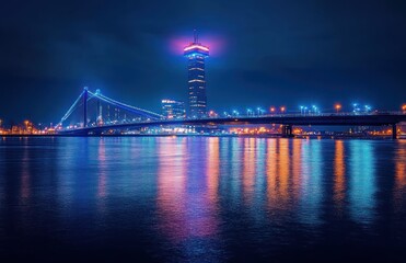 Nighttime cityscape featuring illuminated suspension bridge and tall tower casting colorful reflections on calm water under dark sky
