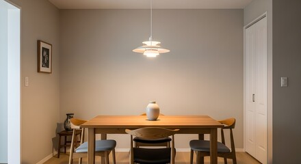 Japandi dining room with a wooden table and neutral palette