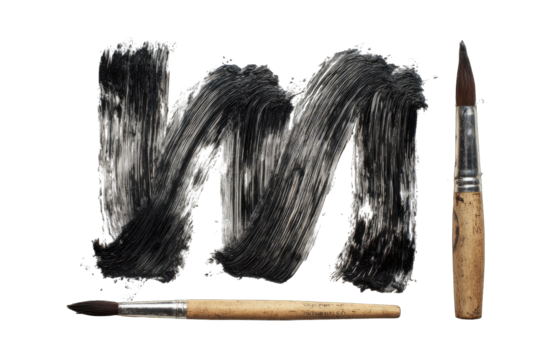 Abstract painting of the letter M, with paint brush