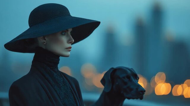 fashion portrait woman in black dress with hat standing with black dog , city street bokeh light as background 
