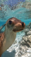 Fototapeta premium A sea lion swims just beneath the surface of clear turquoise water, white sandy seabed visible. Sunlight filters through the water's surface