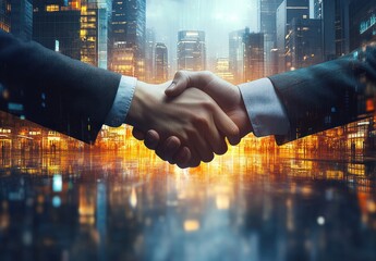 Close-up of two business people shaking hands symbolizing agreement and partnership with a cityscape background illuminated by warm lights