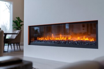 Modern built-in linear fireplace with glowing flames and black stones inside a bright, stylish living room with minimalistic decor