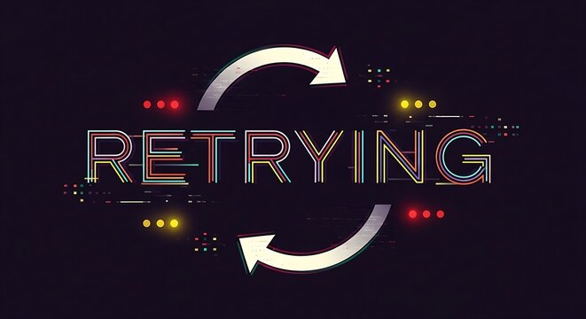 Dynamic retry loop concept with glowing neon text and glitch effects symbolizing resilience
