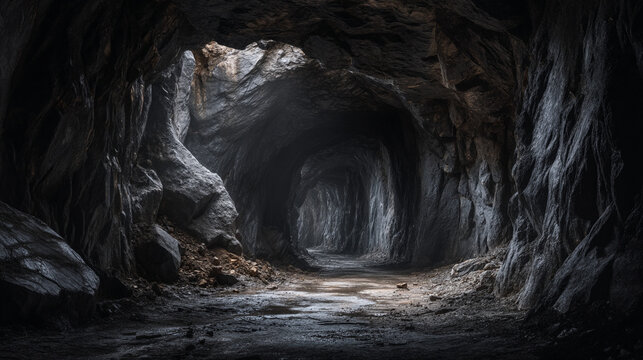 A dimly lit cave passage with rough stone walls and a small opening at the top for light