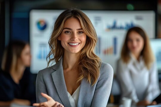 Confident young woman smiling in business attire standing in front of blurred coworkers and presentation charts in office setting