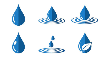 Collection of water drop icons, showing various water droplet shapes and water ripple effects.