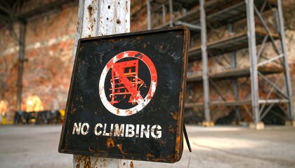 Fototapeta premium Rusty no-climbing sign in a warehouse