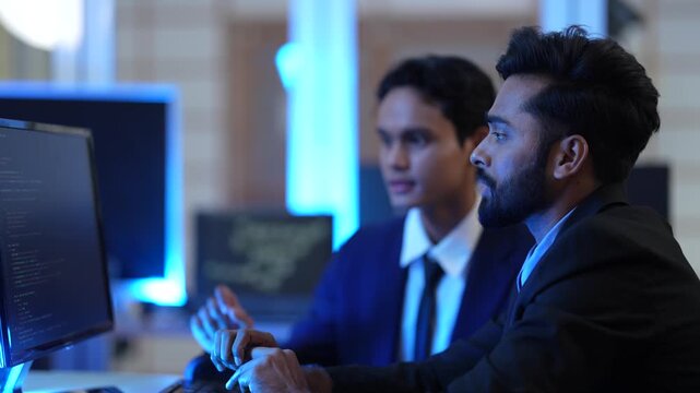 A senior software architect mentors a junior developer, explaining a complex codebase. They are engaged in a pair programming and knowledge transfer session in a tech office.