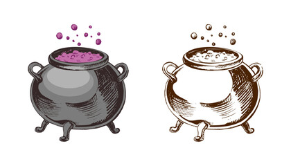 Hand drawn vintage sketch of bubbling witch cauldron with purple potion in monochrome and color version, isolated vector illustration