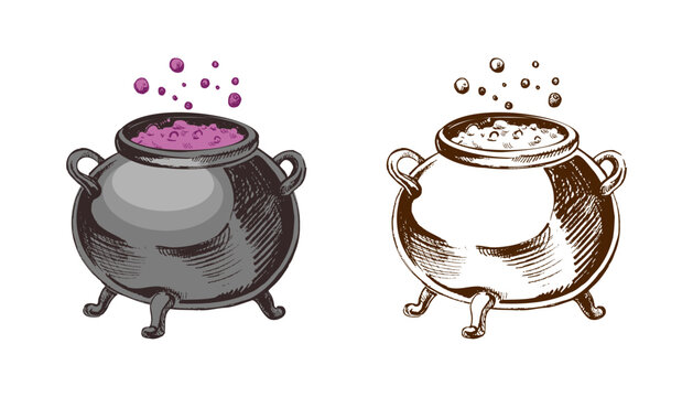 Hand drawn vintage sketch of bubbling witch cauldron with purple potion in monochrome and color version, isolated vector illustration
