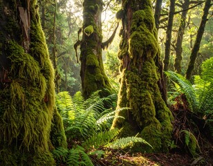 Close-up shot of moss-covered tree trunks and green ferns in a humid forest