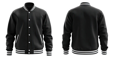 Full view of a black varsity jacket, front and back.  Stripes of white accent the collar and sleeves.  Button closure