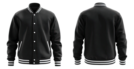 Full view of a black varsity jacket, front and back.  Stripes of white accent the collar and sleeves.  Button closure