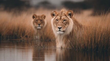 Obraz premium Regal lions poised in shallow water amid grassy plains at dusk