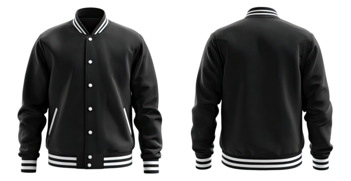 Full view of a black varsity jacket, front and back.  Stripes of white accent the collar and sleeves.  Button closure