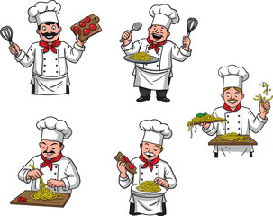 Happy cartoon chefs cooking delicious pasta and pizza, perfect for restaurant branding, menu design, culinary blogs, kitchen decor, food promotion