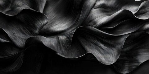 Close-up black and white image of smooth, wavy, textured surfaces resembling flowing fabric or petals with intricate shadows and highlights creating a dynamic, elegant appearance