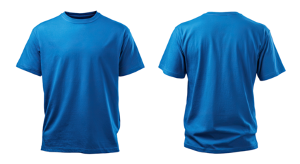 Front and back view of a vibrant cobalt blue t-shirt.  Solid color, short sleeves, crew neck.  Blank template