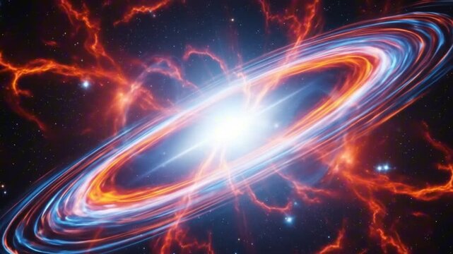 A cosmic vortex of blue orange bands swirls around a brilliant central light source amidst scattered stars and radiant weblike filaments