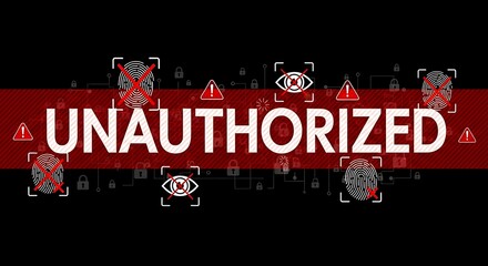 Cybersecurity alert unauthorized access warning with fingerprint and eye scan icons