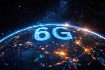 Glowing digital 6G text hovering over illuminated Earth at night with visible city lights and stars in space, symbolizing advanced global communication technology